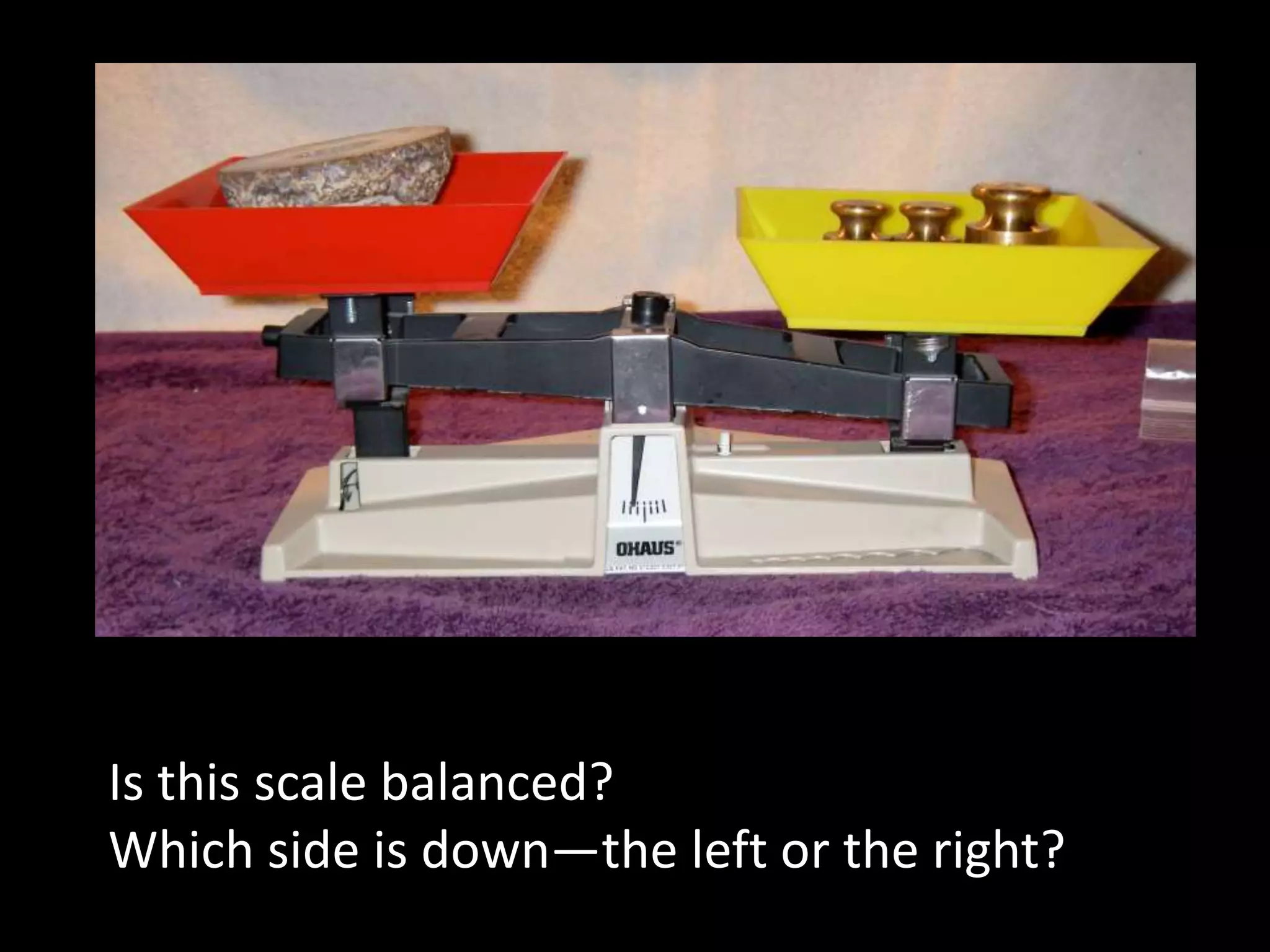 Is this scale balanced?
Which side is down—the left or the right?
 