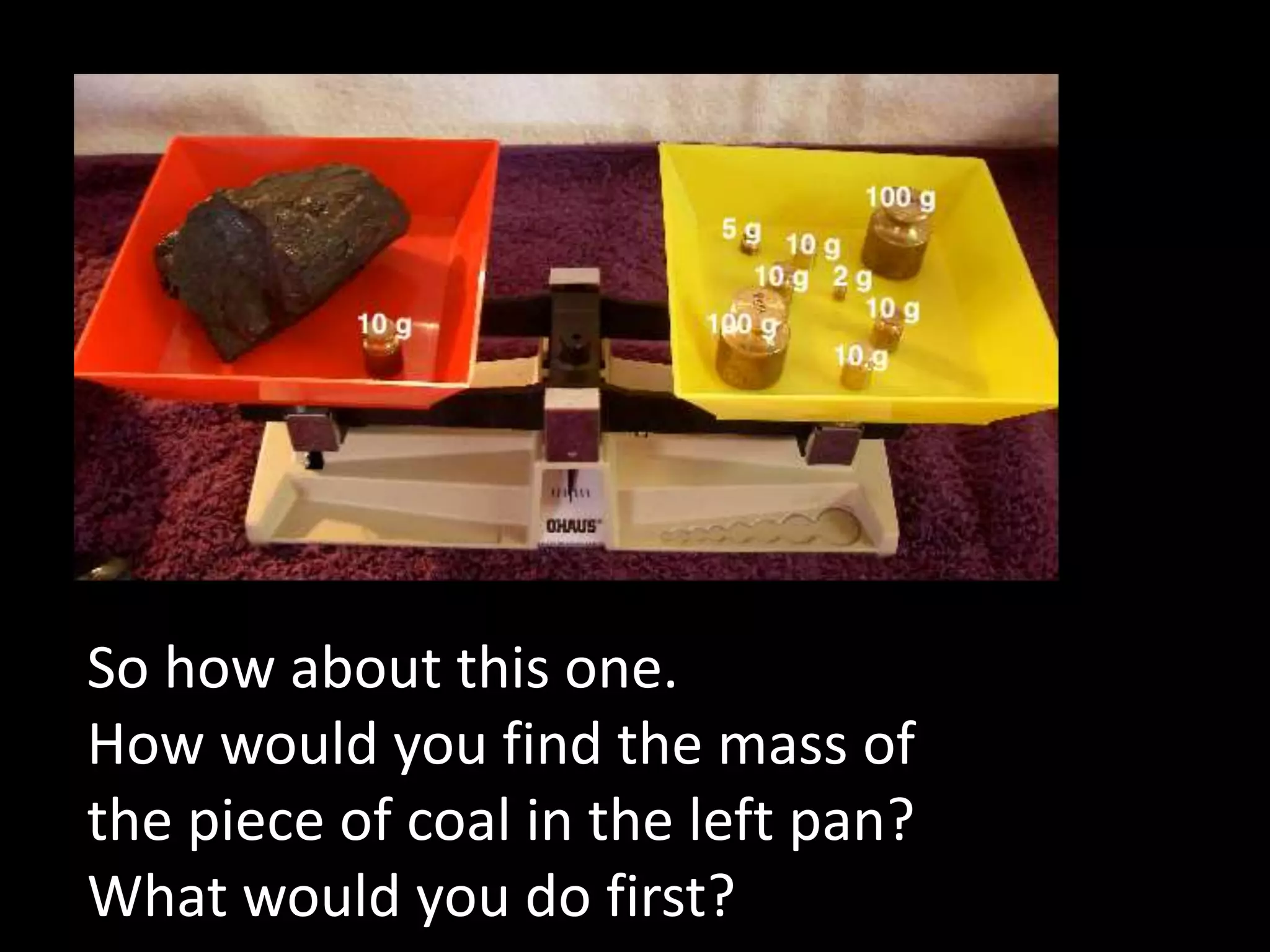 So how about this one.
How would you find the mass of
the piece of coal in the left pan?
What would you do first?
 