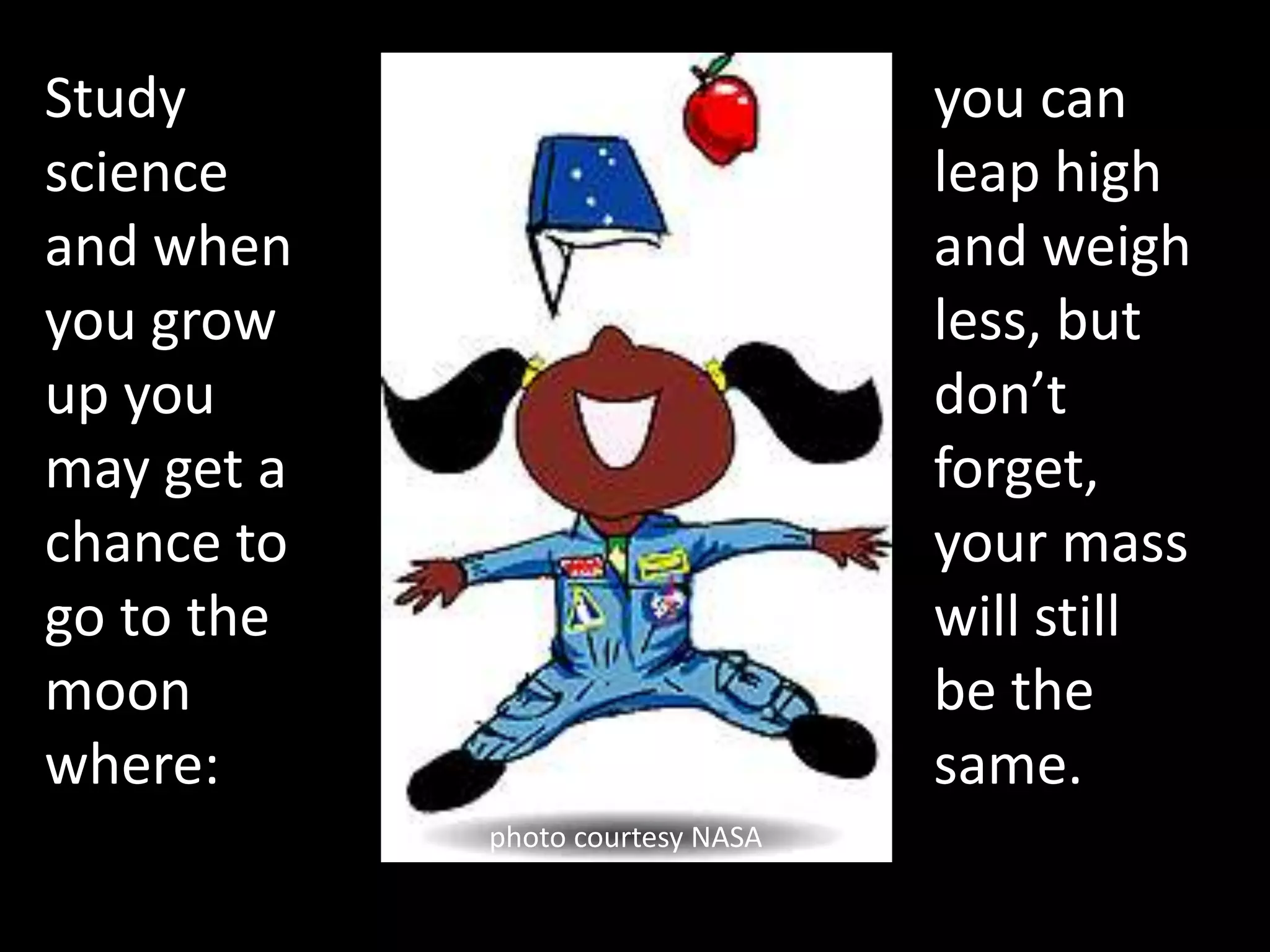 photo courtesy NASA
Study
science
and when
you grow
up you
may get a
chance to
go to the
moon
where:
you can
leap high
and weigh
less, but
don’t
forget,
your mass
will still
be the
same.
 