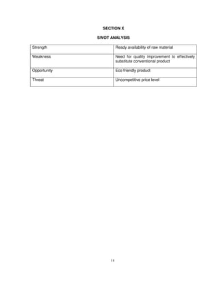 14
SECTION X
SWOT ANALYSIS
Strength Ready availability of raw material
Weakness Need for quality improvement to effectively
substitute conventional product
Opportunity Eco friendly product
Threat Uncompetitive price level
 