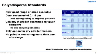 © 2019 HORIBA, Ltd. All rights reserved. 9
Now good range of sizes available
Don’t recommend 0.1-1 µm
Also testing ability to disperse particles
Can buy in proper quantities for given
samplers
No sub-sampling concerns
Only option for dry powder feeders
No point in measuring more than one
size range
Polysdisperse Standards
www.whitehousescientific.com/
Note: Whitehouse also supplies monodisperse
 
