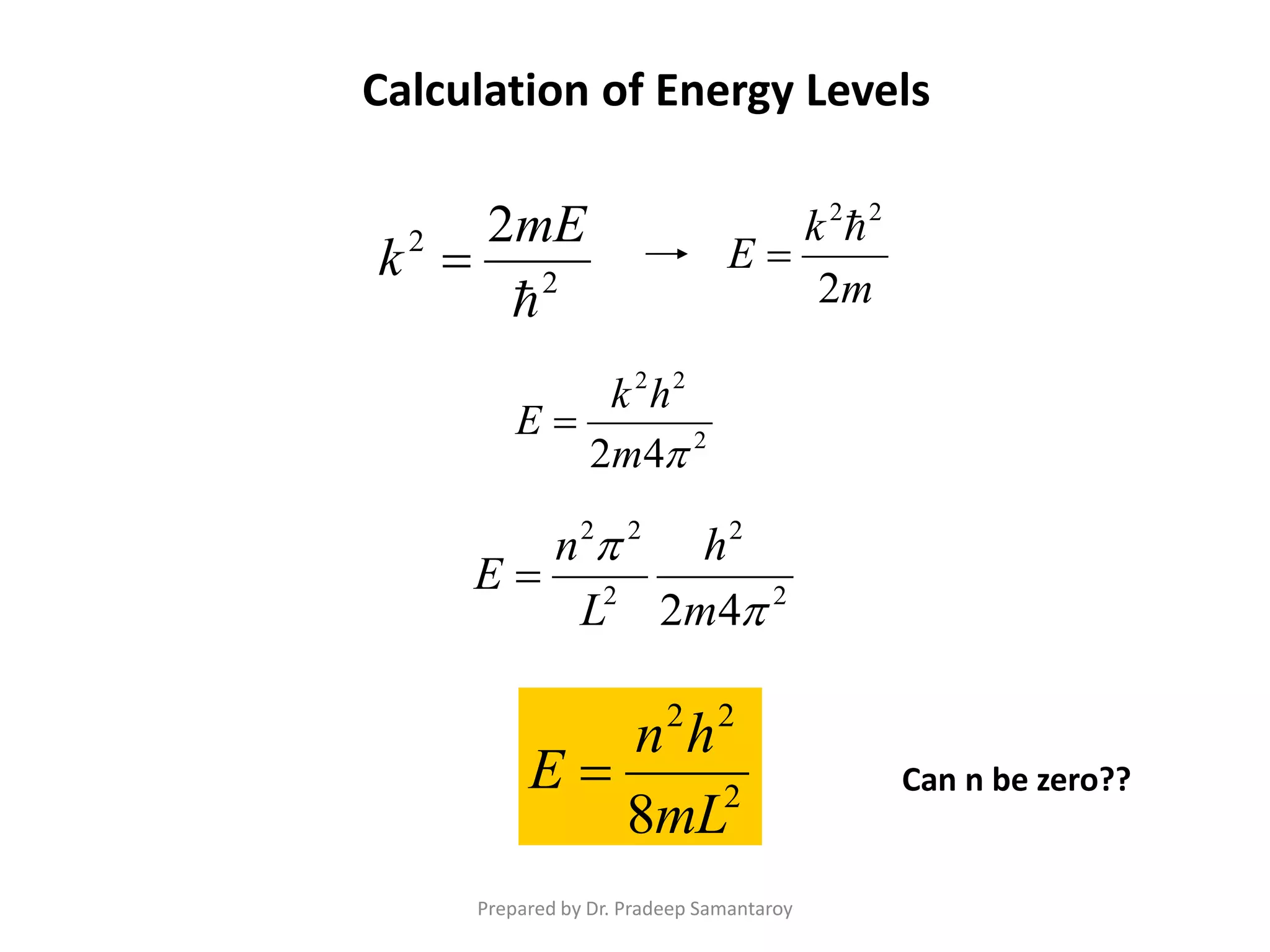 2
2 2

mE
k 
m
k
E
2
22


2
22
42 m
hk
E 
2
2
2
22
42 

m
h
L
n
E 
2
22
8mL
hn
E 
Calculation of Energy Levels
Can n be zero??
Prepared by Dr. Pradeep Samantaroy
 