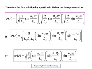 Therefore the final solution for a particle in 3D box can be represented as

























z
z
zy
y
yx
x
x L
zn
LL
yn
LL
xn
L
r

 sin
2
sin
2
sin
2
)(





















z
z
y
y
x
x
zyx L
zn
L
yn
L
xn
LLL
r

 sinsinsin
8
)(





















z
z
y
y
x
x
L
zn
L
yn
L
xn
V
r

 sinsinsin
8
)(
or
or
Prepared by Dr. Pradeep Samantaroy
 