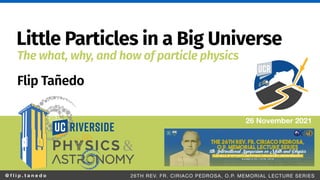 @ f l i p . t a n e d o 26TH REV. FR. CIRIACO PEDROSA, O.P. MEMORIAL LECTURE SERIES
Little Particles in a Big Universe
Flip Tañedo
26 November 2021
The what, why, and how of particle physics
 