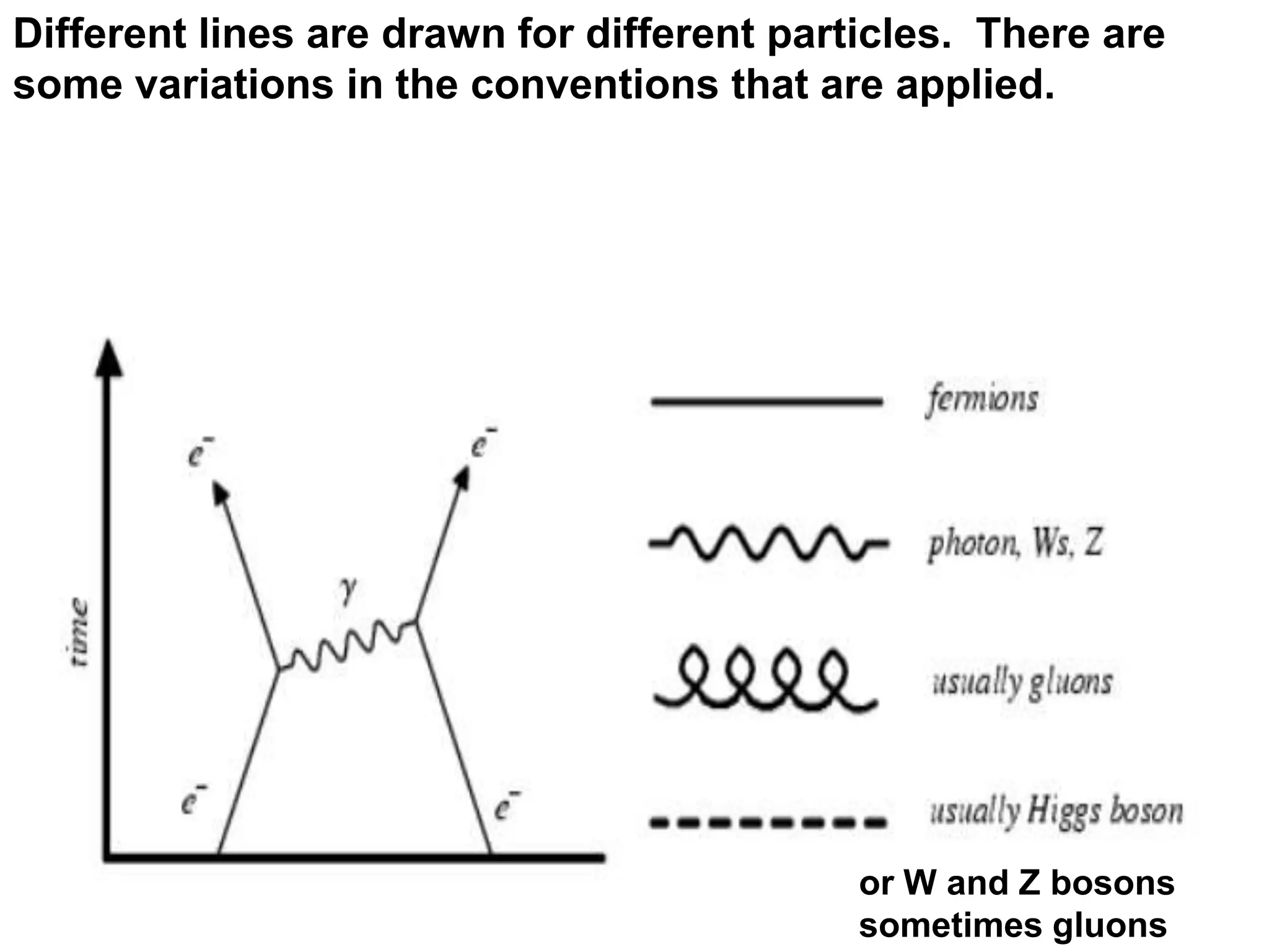 Different lines are drawn for different particles. There are
some variations in the conventions that are applied.




                                            or W and Z bosons
                                            sometimes gluons
 