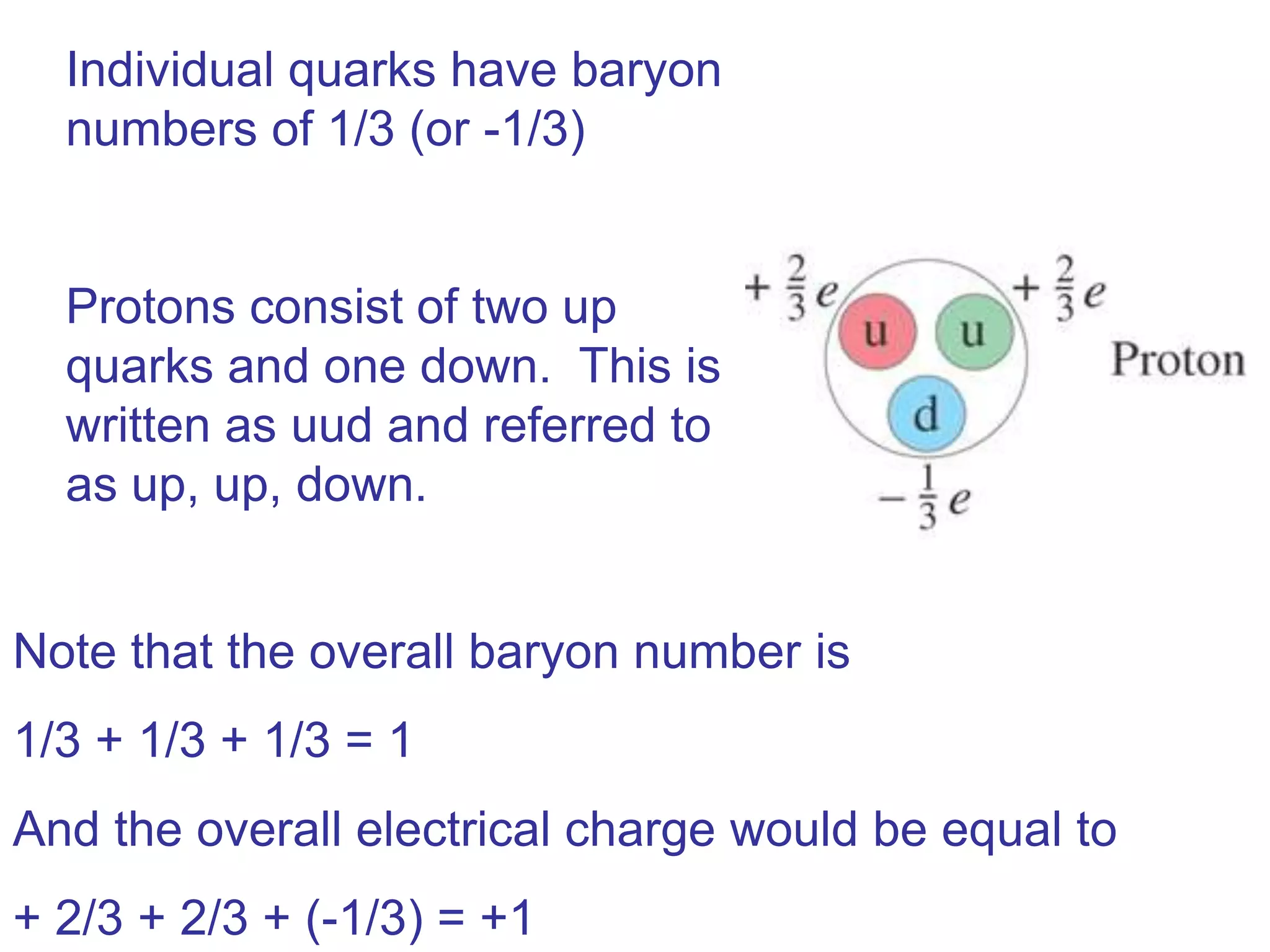 Individual quarks have baryon
  numbers of 1/3 (or -1/3)


  Protons consist of two up
  quarks and one down. This is
  written as uud and referred to
  as up, up, down.


Note that the overall baryon number is
1/3 + 1/3 + 1/3 = 1
And the overall electrical charge would be equal to
+ 2/3 + 2/3 + (-1/3) = +1
 