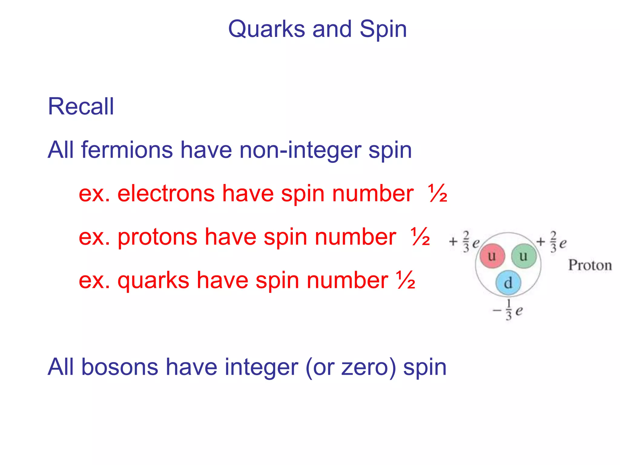 Quarks and Spin


Recall
All fermions have non-integer spin
  ex. electrons have spin number ½
  ex. protons have spin number ½
  ex. quarks have spin number ½


All bosons have integer (or zero) spin
 