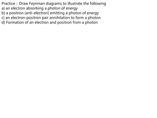 Practice : Draw Feynman diagrams to illustrate the following
a) an electron absorbing a photon of energy
b) a positron (anti-electron) emitting a photon of energy
c) an electron-positron pair annihilation to form a photon
d) Formation of an electron and positron from a photon
 