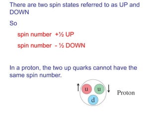 There are two spin states referred to as UP and
DOWN
So
     spin number +½ UP
     spin number - ½ DOWN


In a proton, the two up quarks cannot have the
same spin number.
 