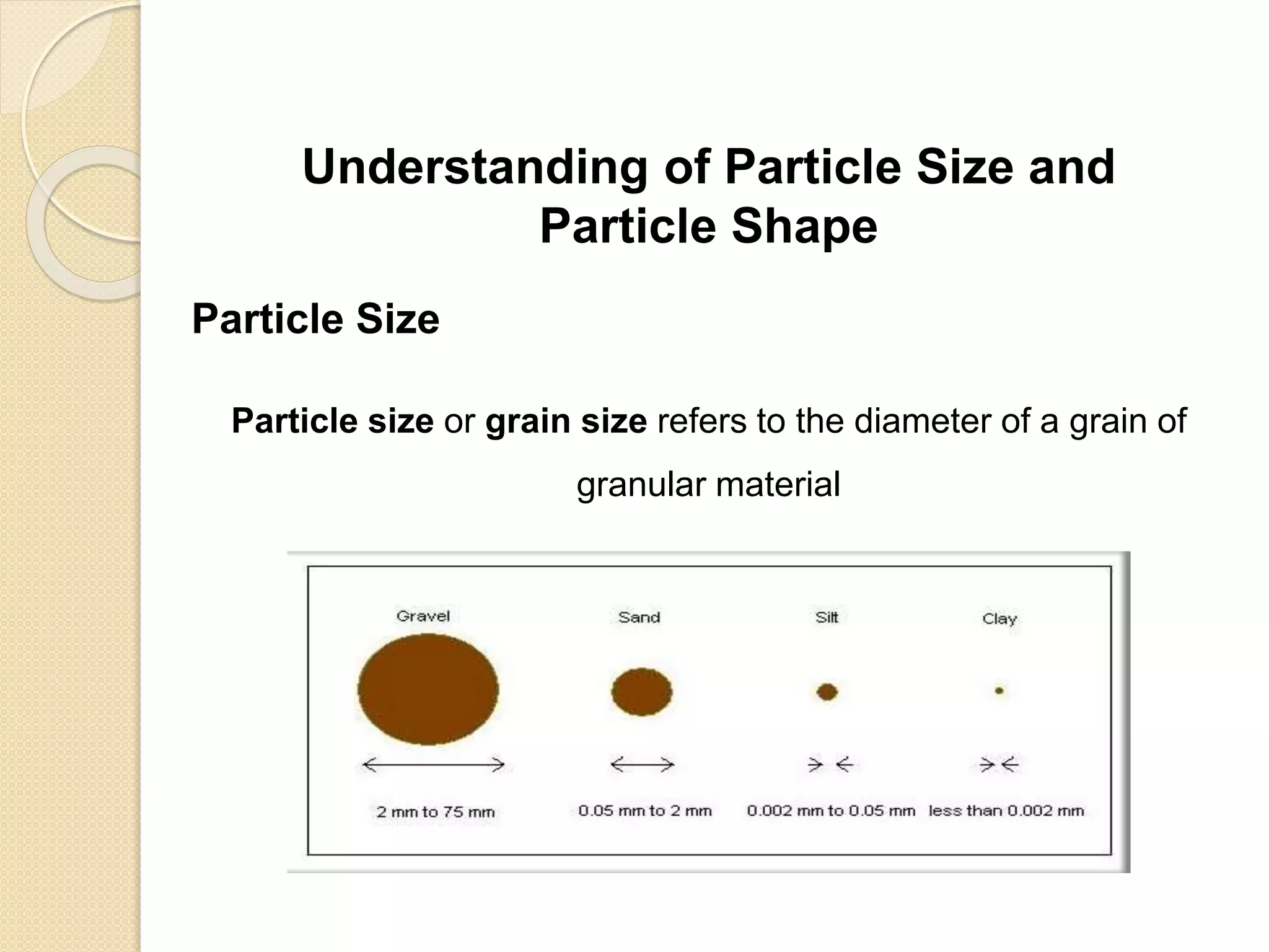 Particle Size Distribution
Understanding of Particle Size and
Particle Shape
Particle Size
Particle size or grain size refers to the diameter of a grain of
granular material
 