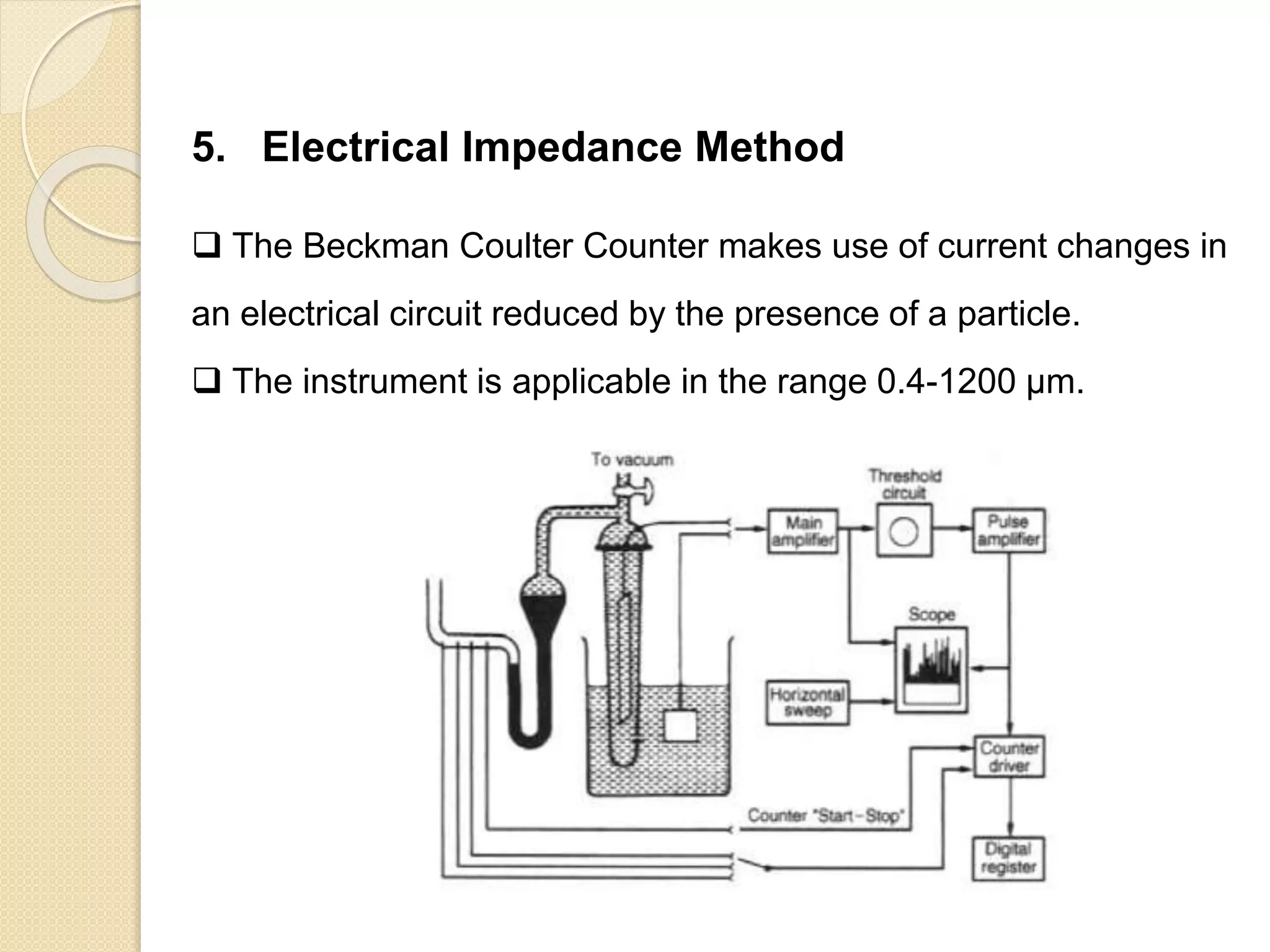 Particle Size Distribution
5. Electrical Impedance Method
 The Beckman Coulter Counter makes use of current changes in
an electrical circuit reduced by the presence of a particle.
 The instrument is applicable in the range 0.4-1200 μm.
 