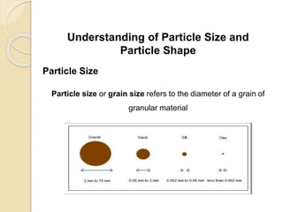 Particle Size Distribution
Understanding of Particle Size and
Particle Shape
Particle Size
Particle size or grain size refers to the diameter of a grain of
granular material
 