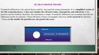 III. FRAUNHOFER THEORY
Fraunhofer diffraction is the optical theory used by laser particle sizing instruments. It is a simplified version of
the Mie scattering theory. It does not consider the refractive index, absorptivity, and reflectivity of the
particles and the medium; therefore, the calculation is simple .Fraunhofer diffraction can accurately describe the
diffraction results for particles >25μm (40 times of laser wavelength). However, error occurred for particles
<25μm and the smaller the particles are, the greater the error.
17
 