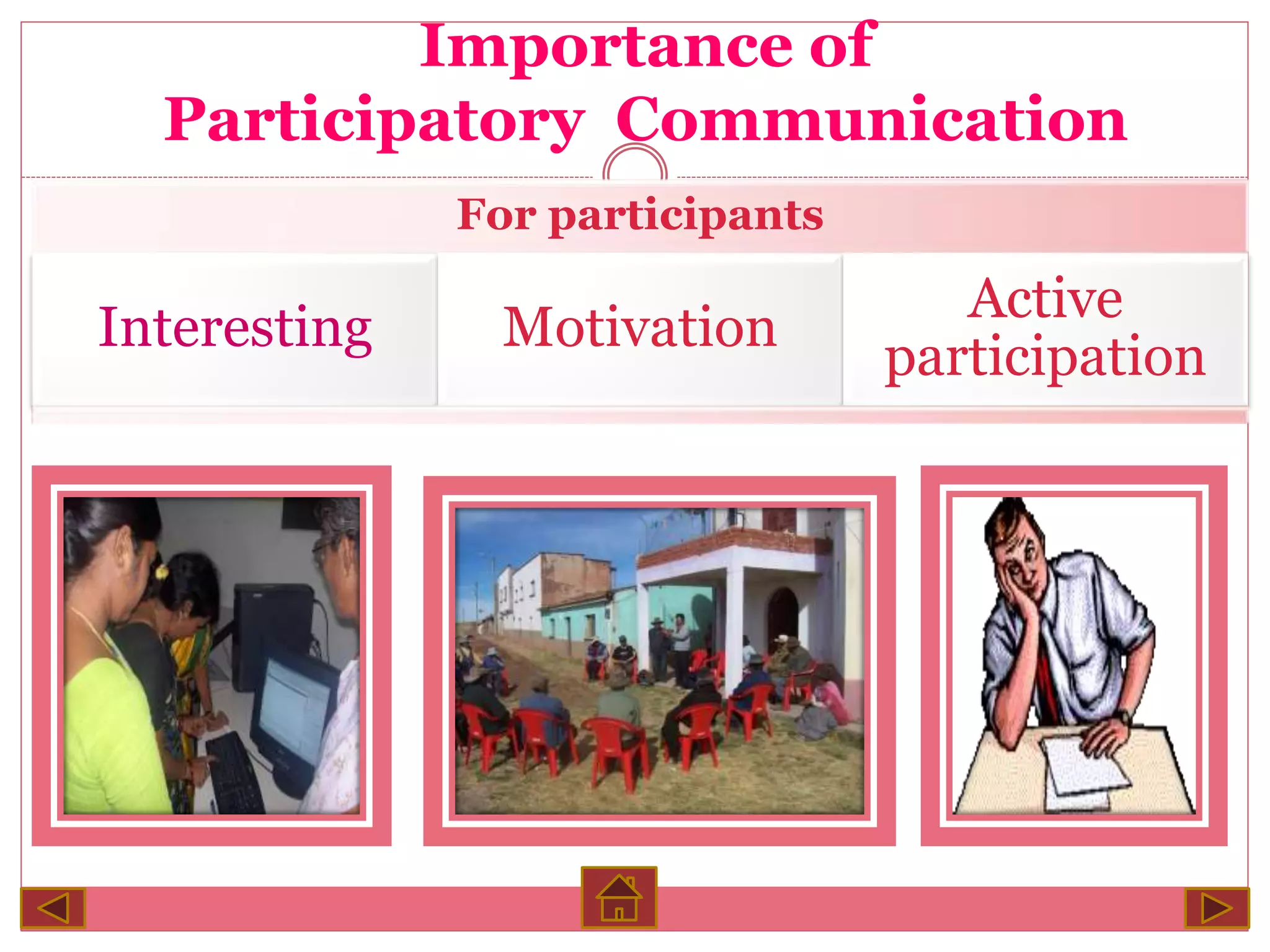 Importance of
Participatory Communication
For participants
Interesting Motivation
Active
participation