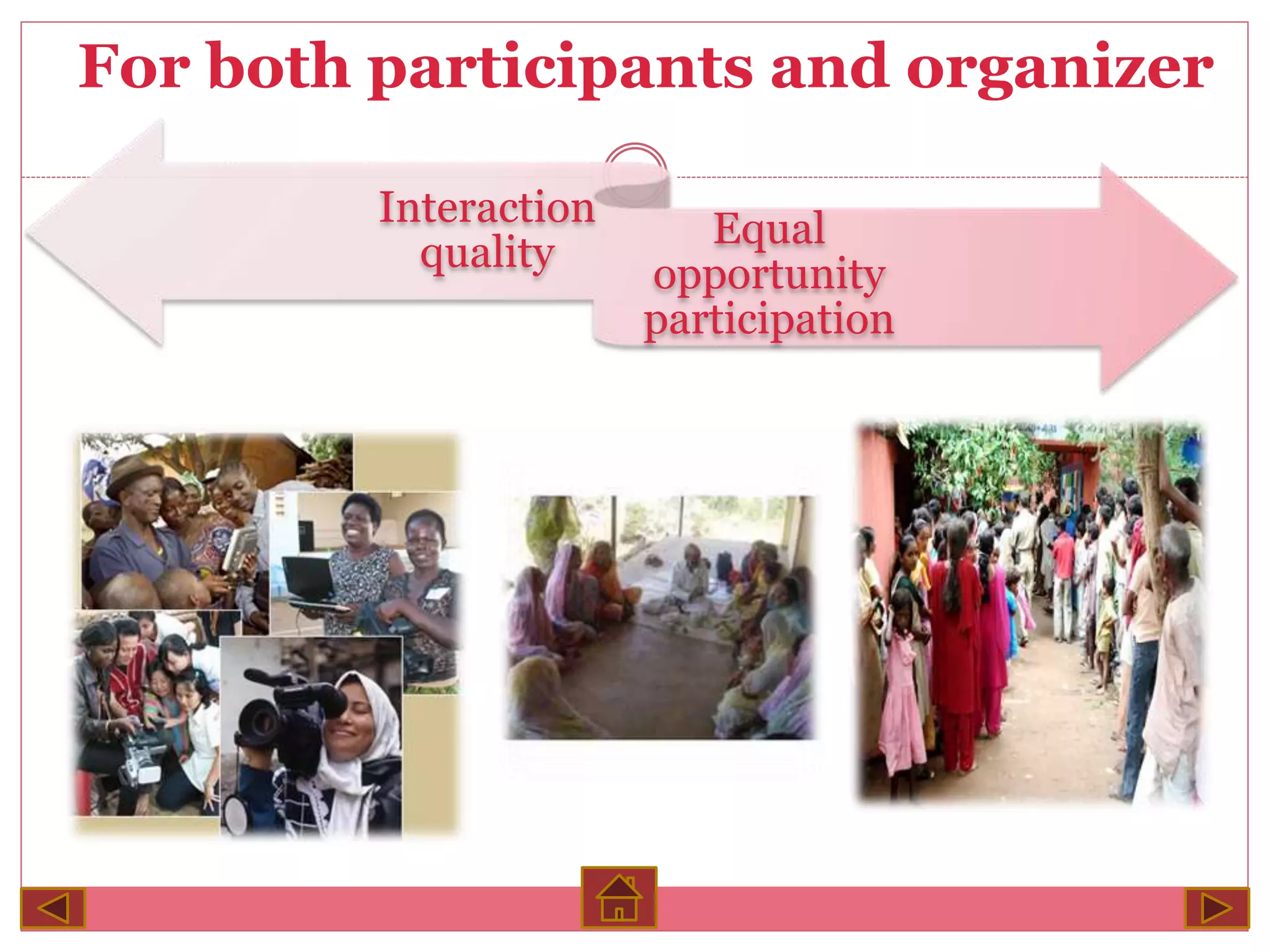 For both participants and organizer
Interaction
quality
Equal
opportunity
participation