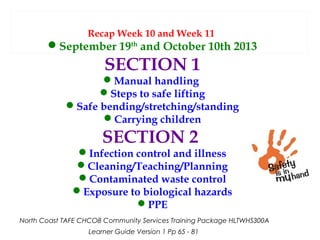 Recap Week 10 and Week 11

September 19th and October 10th 2013

SECTION 1

Manual handling
Steps to safe lifting
Safe bending/stretching/standing
Carrying children

SECTION 2

Infection control and illness
Cleaning/Teaching/Planning
Contaminated waste control
Exposure to biological hazards
PPE
North Coast TAFE CHCO8 Community Services Training Package HLTWHS300A
Learner Guide Version 1 Pp 65 - 81

 