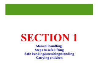 SECTION 1
Manual handling
Steps to safe lifting
Safe bending/stretching/standing
Carrying children

 