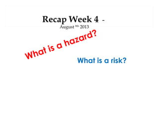 Recap Week 4
August 8th 2013

t is
ha
W

ha
a

-

d?
zar
What is a risk?

 