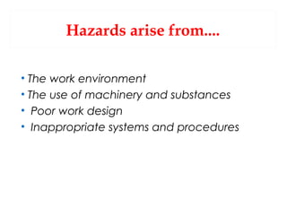 Hazards arise from....
• The work environment
• The use of machinery and substances
• Poor work design
• Inappropriate systems and procedures

 