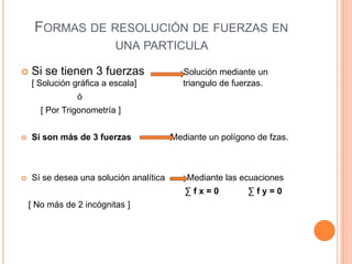 Formas de resolución de fuerzas en una particula Si se tienen 3 fuerzas            Solución mediante un                                   [ Solución gráfica a escala]                   triangulo de fuerzas.                        ó        [ Por Trigonometría ]Si son más de 3 fuerzas                Mediante un polígono de fzas.Sí se desea una solución analítica         Mediante las ecuaciones                                                                   ∑ f x = 0            ∑ f y = 0   [ No más de 2 incógnitas ]