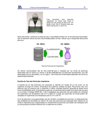 Ensaio por Partículas Magnéticas NOV./ 2018 25
Após esse tempo, verifica-se na base do tubo, a quantidade também em ml de partículas decantadas,
que se estiverem dentro da faixa recomendada pelas normas, indicam que a suspensão está pronta
para uso.
VIA SÊCA VIA ÚMIDA
Pó
magnético
* Querozene
* Água
* Óleo
FLUORESCENTE
LUZ NATURAL
Tipos de Partículas ferromagnéticos
Os valores recomendados são de 1,2 a 2,4 ml para a inspeção por via úmida de partículas
observadas sob luz branca ou natural, e de 0,1 a 0,4 ml para as partículas fluorescentes, que são
observadas sob luz ultravioleta ( ou luz negra ). Tais limites de concentração dependem da norma ou
especificação aplicável.
Escolha do Tipo das Partículas magnéticas
A escolha da cor das partículas fica associada ou definida em função da cor de fundo, cor da
superfície da peça em exame, temperatura da superfície, posição da peça. Procuramos usar uma
partícula cuja cor produza com a superfície o melhor contraste possível, garantido-se dessa forma
maior sensibilidade visual. A temperatura pode ser um parâmetro para opção entre partículas via seca
ou via úmida. O Código ASME Sec. V Art.7 estabelece que partículas via seca podem ser utilizadas
em superfícies com temperatura até 315 0C (600 0F) e ainda que partículas via úmida podem ser
utilizadas em superfícies com temperatura até 57,2 0C (135 0F).
A cor da partícula é uma pigmentação que tem também a finalidade de promover um balanceamento
das condições de densidade da mesma. No caso das partículas para aplicação pelo método de via
úmida é importante que a pigmentação ou recobrimento da partícula acumulada nas indicações sem
cor que produza contraste suficiente com a superfície em exame.
Tubo decantador para partículas
magnéticas via úmida. Este frasco é
dotado de uma escala de leitura em “ml”
desde 0,1até 100 ml. Portanto ideal para
efetuar leituras de 0,1 até 2,4 ml.
 