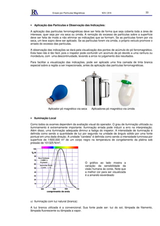 Ensaio por Partículas Magnéticas NOV./ 2018 33
• Aplicação das Partículas e Observação das Indicações:
A aplicação das partículas ferromagnéticas deve ser feita de forma que seja coberta toda a área de
interesse, quer seja por via seca ou úmida. A remoção do excesso de partículas sobre a superfície
deve ser feita de modo a não eliminar as indicações que se formam. Se as partículas forem por via
seca, um leve sopro deve ser aplicado. Se as partículas forem via úmida, o próprio veículo promove o
arrasto do excesso das partículas.
A observação das indicações se dará pela visualização dos pontos de acúmulo do pó ferromagnético.
Esta fase não é tão fácil, pois o inspetor pode confundir um acúmulo de pó devido a uma ranhura ou
mordedura, com uma descontinuidade, levando a erros no julgamento dos resultados.
Para facilitar a visualização das indicações, pode ser aplicado uma fina camada de tinta branca
especial sobre a região a ser inspecionada, antes da aplicação das partículas ferromagnéticas.
Aplicador pó magnético via seca Aplicadores pó magnético via úmida
• Iluminação Local
Como todos os exames dependem da avaliação visual do operador. O grau de iluminação utilizada ou
iluminamento é extremamente importante. Iluminação errada pode induzir a erro na interpretação.
Além disso, uma iluminação adequada diminui a fadiga do inspetor. A intensidade de iluminação é
definida como sendo a quantidade de luz por segundo na unidade de ângulo sólido por uma fonte
pontual em uma dada direção. A unidade "candela" é definida como sendo a intensidade luminosa por
superfície de 1/600.000 m2 de um corpo negro na temperatura de congelamento da platina sob
pressão de 101325 N/m2.
a) Iluminação com luz natural (branca):
A luz branca utilizada é a convencional. Sua fonte pode ser: luz do sol, lâmpada de filamento,
lâmpada fluorescente ou lâmpada a vapor.
O gráfico ao lado mostra a
variação da sensibilidade da
visão humana às cores. Note que
a melhor cor para ser visualizada
é a amarelo esverdeado
 