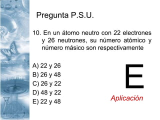 Pregunta P.S.U.
10. En un átomo neutro con 22 electrones
y 26 neutrones, su número atómico y
número másico son respectivamente
A) 22 y 26
B) 26 y 48
C) 26 y 22
D) 48 y 22
E) 22 y 48
EAplicación
 
