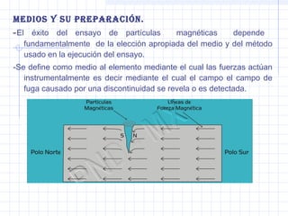Medios y su preparación.
- El éxito del ensayo de partículas

magnéticas
depende
fundamentalmente de la elección apropiada del medio y del método
usado en la ejecución del ensayo.

-Se define como medio al elemento mediante el cual las fuerzas actúan
instrumentalmente es decir mediante el cual el campo el campo de
fuga causado por una discontinuidad se revela o es detectada.

 