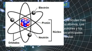 En resumen Son partículas más
pequeñas que los átomos. Los
electrones, los protones y los
neutrones son los principales
ejemplos de partículas
subatómicas.
¿Qué es una partícula subatómica?
 