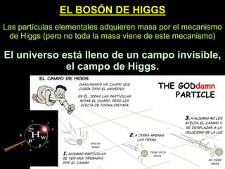Las partículas elementales adquieren masa por el mecanismo
de Higgs (pero no toda la masa viene de este mecanismo)
El universo está lleno de un campo invisible,
el campo de Higgs.
THE GODdamn
PARTICLE
EL BOSÓN DE HIGGS
 
