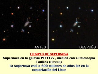 EJEMPLO DE SUPERNOVA
Supernova en la galaxia PTF11kx , medida con el telescopio
Faulkes (Hawaii)
La supernova está a 600 millones de años luz en la
constelación del Lince
ANTES DESPUÉS
 