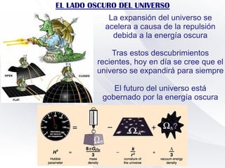 EL LADO OSCURO DEL UNIVERSO
La expansión del universo se
acelera a causa de la repulsión
debida a la energía oscura
Tras estos descubrimientos
recientes, hoy en día se cree que el
universo se expandirá para siempre
El futuro del universo está
gobernado por la energía oscura
 