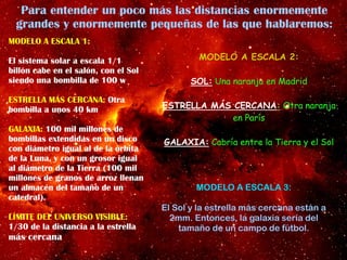 .
Para entender un poco más las distancias enormemente
grandes y enormemente pequeñas de las que hablaremos:
MODELO A ESCALA 1:
El sistema solar a escala 1/1
billón cabe en el salón, con el Sol
siendo una bombilla de 100 w
ESTRELLA MÁS CERCANA: Otra
bombilla a unos 40 km
GALAXIA: 100 mil millones de
bombillas extendidas en un disco
con diámetro igual al de la órbita
de la Luna, y con un grosor igual
al diámetro de la Tierra (100 mil
millones de granos de arroz llenan
un almacén del tamaño de un
catedral).
LÍMITE DEL UNIVERSO VISIBLE:
1/30 de la distancia a la estrella
más cercana
MODELO A ESCALA 2:
SOL: Una naranja en Madrid
ESTRELLA MÁS CERCANA: Otra naranja
en París
GALAXIA: Cabría entre la Tierra y el Sol
MODELO A ESCALA 3:
El Sol y la estrella más cercana están a
2mm. Entonces, la galaxia sería del
tamaño de un campo de fútbol.
 