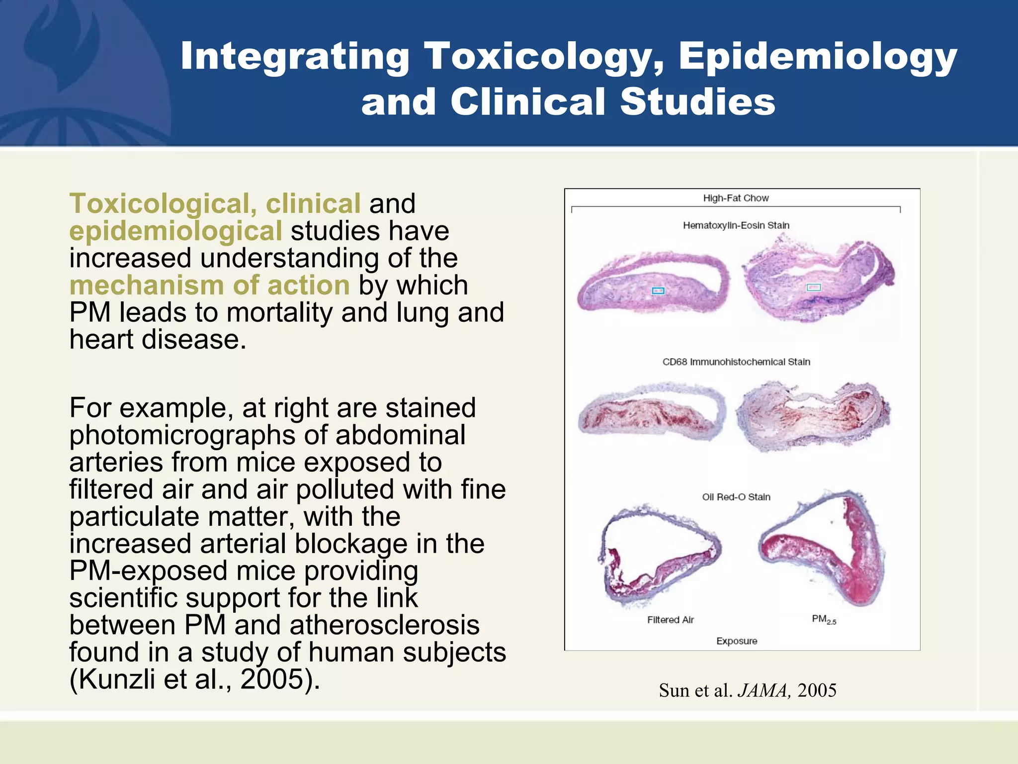 Integrating Toxicology, Epidemiology
                  and Clinical Studies

Toxicological, clinical and
epidemiological studies have
increased understanding of the
mechanism of action by which
PM leads to mortality and lung and
heart disease.

For example, at right are stained
photomicrographs of abdominal
arteries from mice exposed to
filtered air and air polluted with fine
particulate matter, with the
increased arterial blockage in the
PM-exposed mice providing
scientific support for the link
between PM and atherosclerosis
found in a study of human subjects
(Kunzli et al., 2005).                    Sun et al. JAMA, 2005
 