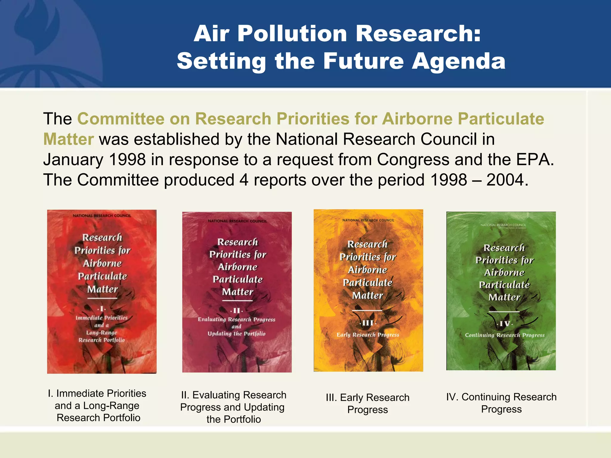 Air Pollution Research:
                          Setting the Future Agenda

The Committee on Research Priorities for Airborne Particulate
Matter was established by the National Research Council in
January 1998 in response to a request from Congress and the EPA.
The Committee produced 4 reports over the period 1998 – 2004.




I. Immediate Priorities   II. Evaluating Research   III. Early Research   IV. Continuing Research
  and a Long-Range        Progress and Updating           Progress               Progress
   Research Portfolio           the Portfolio
 