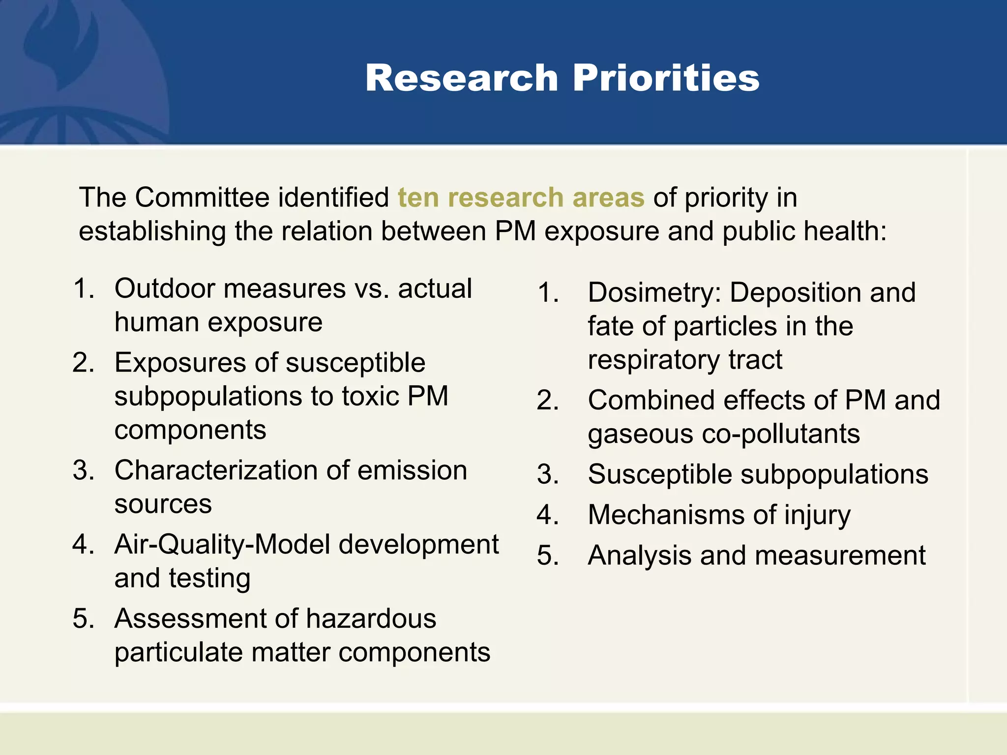 Research Priorities


The Committee identified ten research areas of priority in
establishing the relation between PM exposure and public health:

1. Outdoor measures vs. actual      1. Dosimetry: Deposition and
   human exposure                      fate of particles in the
2. Exposures of susceptible            respiratory tract
   subpopulations to toxic PM       2. Combined effects of PM and
   components                          gaseous co-pollutants
3. Characterization of emission     3. Susceptible subpopulations
   sources                          4. Mechanisms of injury
4. Air-Quality-Model development    5. Analysis and measurement
   and testing
5. Assessment of hazardous
   particulate matter components
 