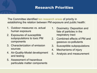 Research Priorities


The Committee identified ten research areas of priority in
establishing the relation between PM exposure and public health:

1. Outdoor measures vs. actual      1. Dosimetry: Deposition and
   human exposure                      fate of particles in the
2. Exposures of susceptible            respiratory tract
   subpopulations to toxic PM       2. Combined effects of PM and
   components                          gaseous co-pollutants
3. Characterization of emission     3. Susceptible subpopulations
   sources                          4. Mechanisms of injury
4. Air-Quality-Model development    5. Analysis and measurement
   and testing
5. Assessment of hazardous
   particulate matter components
 