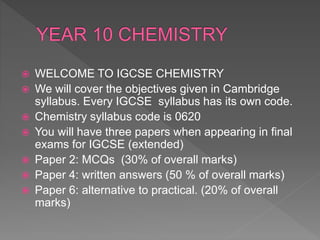  WELCOME TO IGCSE CHEMISTRY
 We will cover the objectives given in Cambridge
syllabus. Every IGCSE syllabus has its own code.
 Chemistry syllabus code is 0620
 You will have three papers when appearing in final
exams for IGCSE (extended)
 Paper 2: MCQs (30% of overall marks)
 Paper 4: written answers (50 % of overall marks)
 Paper 6: alternative to practical. (20% of overall
marks)
 