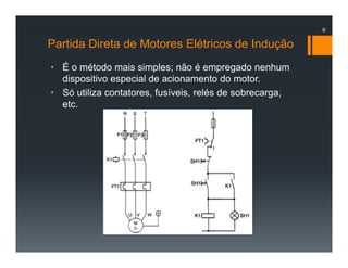 Partida Direta de Motores Elétricos de Indução
• É o método mais simples; não é empregado nenhum
dispositivo especial de acionamento do motor.
• Só utiliza contatores, fusíveis, relés de sobrecarga,
etc.
6
 