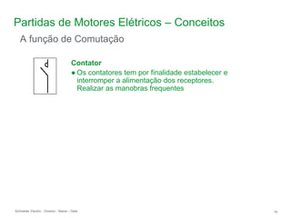 Schneider Electric 16
- Division - Name – Date
Partidas de Motores Elétricos – Conceitos
A função de Comutação
Contator
● Os contatores tem por finalidade estabelecer e
interromper a alimentação dos receptores.
Realizar as manobras frequentes
 