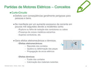 Schneider Electric 22
- Division - Name – Date
Partidas de Motores Elétricos – Conceitos
●Curto-Circuito
● Defeito com conseqüências geralmente perigosas para
pessoas e bens.
● Se manifesta por um aumento excessivo da corrente em
poucos mili segundos devido a incidentes como:
–Ruptura ou falha de isolação dos condutores ou cabos
–Presença de corpos metálicos estranhos
–Sujeiras condutoras, etc.
● Gera efeitos eletromecânicos e térmicos.
–Efeitos eletromecânicos:
– Repulsão dos contatos
– Quebra ou deformação das peças
– Propagação de arcos elétricos
–Efeitos térmicos
– Fusão dos contatos
– Calcinação dos materiais isolantes
 
