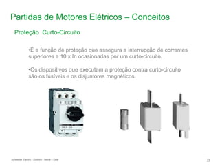 Schneider Electric 23
- Division - Name – Date
Partidas de Motores Elétricos – Conceitos
Proteção Curto-Circuito
•É a função de proteção que assegura a interrupção de correntes
superiores a 10 x In ocasionadas por um curto-circuito.
•Os dispositivos que executam a proteção contra curto-circuito
são os fusíveis e os disjuntores magnéticos.
 