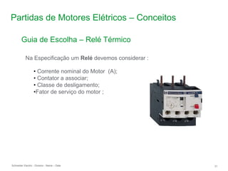 Schneider Electric 31
- Division - Name – Date
Partidas de Motores Elétricos – Conceitos
Guia de Escolha – Relé Térmico
Na Especificação um Relé devemos considerar :
• Corrente nominal do Motor (A);
• Contator a associar;
• Classe de desligamento;
•Fator de serviço do motor ;
 