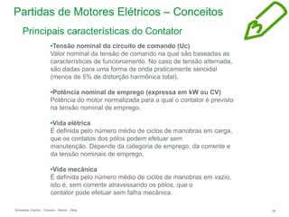 Schneider Electric 39
- Division - Name – Date
Partidas de Motores Elétricos – Conceitos
•Tensão nominal do circuito de comando (Uc)
Valor nominal da tensão de comando na qual são baseadas as
características de funcionamento. No caso de tensão alternada,
são dadas para uma forma de onda praticamente senoidal
(menos de 5% de distorção harmônica total).
•Potência nominal de emprego (expressa em kW ou CV)
Potência do motor normalizada para a qual o contator é previsto
na tensão nominal de emprego.
•Vida elétrica
É definida pelo número médio de ciclos de manobras em carga,
que os contatos dos pólos podem efetuar sem
manutenção. Depende da categoria de emprego, da corrente e
da tensão nominais de emprego.
•Vida mecânica
É definida pelo número médio de ciclos de manobras em vazio,
isto é, sem corrente atravessando os pólos, que o
contator pode efetuar sem falha mecânica.
Principais características do Contator
 