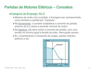 Schneider Electric 46
- Division - Name – Date
Partidas de Motores Elétricos – Conceitos
●Categoria de Emprego: AC-2
● Motores de anéis com a partida, a frenagem por contracorrente,
como também a partida por “impulsos”.
● No fechamento, o contator estabelece a corrente de partida,
próximo de 2,5 vezes a corrente nominal do motor.
● Na abertura, ele deve cortar a corrente de partida, com uma
tensão no mínimo igual à tensão da rede. Interrupção severa .
● Ex: Levantamento e transporte de cargas, pontes rolantes,
pórticos e etc.
 