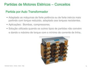 Schneider Electric 78
- Division - Name – Date
• Adaptado as máquinas de forte potência ou de forte inércia mais
partindo com torque reduzido, adaptado aos torques resistentes.
• Aplicações : Bombas, compressores;
• Solução utilizada quando os outros tipos de partidas não convém
e dando o máximo de torque com o mínimo de corrente de linha.
Partidas de Motores Elétricos – Conceitos
Partida por Auto Transformador
 