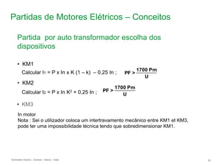 Schneider Electric 83
- Division - Name – Date
Partidas de Motores Elétricos – Conceitos
• KM3
In motor
Nota : Sei o utilizador coloca um intertravamento mecânico entre KM1 et KM3,
pode ter uma impossibilidade técnica tendo que sobredimensionar KM1.
Calcular I1 = P x In x K (1 – k) – 0,25 In ;
• KM1
• KM2
Calcular I2 = P x In K2 + 0,25 In ;
PF >
1700 Pm
U
PF >
1700 Pm
U
Partida por auto transformador escolha dos
dispositivos
 