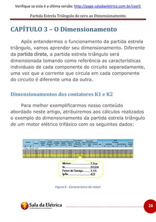 Partida Estrela Triângulo do zero ao Dimensionamento
..................................................... 26
Verifique se esta é a última versão: http://page.saladaeletrica.com.br/coel1
CAPÍTULO 3 – O Dimensionamento
Após entendermos o funcionamento da partida estrela
triângulo, vamos aprender seu dimensionamento. Diferente
da partida direta, a partida estrela triângulo será
dimensionada tomando como referência as características
individuais de cada componente do circuito separadamente,
uma vez que a corrente que circula em cada componente
do circuito é diferente uma da outra.
Dimensionamentos dos contatores K1 e K2
Para melhor exemplificarmos nosso conteúdo
abordado neste artigo, atribuiremos aos cálculos realizados
o exemplo do dimensionamento da partida estrela triângulo
de um motor elétrico trifásico com os seguintes dados:
Figura 6 - Característica do motor
 