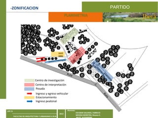 PARTIDO

-ZONIFICACION
PLANIMETRIA

Centro de investigación
Centro de interpretación
Posada
Ingreso y egreso vehicular
Estacionamiento
Ingreso peatonal
Alumnos:

UPC IV
2013
FACULTAD DE ARQUITECTURA Y URBANISMO-U.N.N.E

ESCOBAR GALARZA, FABRICIO
MEDINA MOREYRA, Roxana E.

 