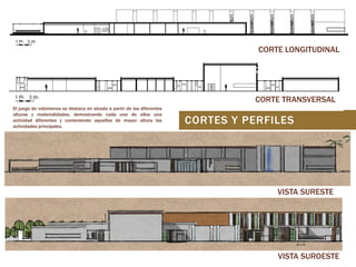 CORTE LONGITUDINAL

CORTE TRANSVERSAL
El juego de volúmenes se destaca en alzada a partir de las diferentes
alturas y materialidades, demostrando cada uno de ellos una
actividad diferentes y conteniendo aquellos de mayor altura las
actividades principales.

CORTES Y PERFILES

VISTA SURESTE

VISTA SUROESTE

 